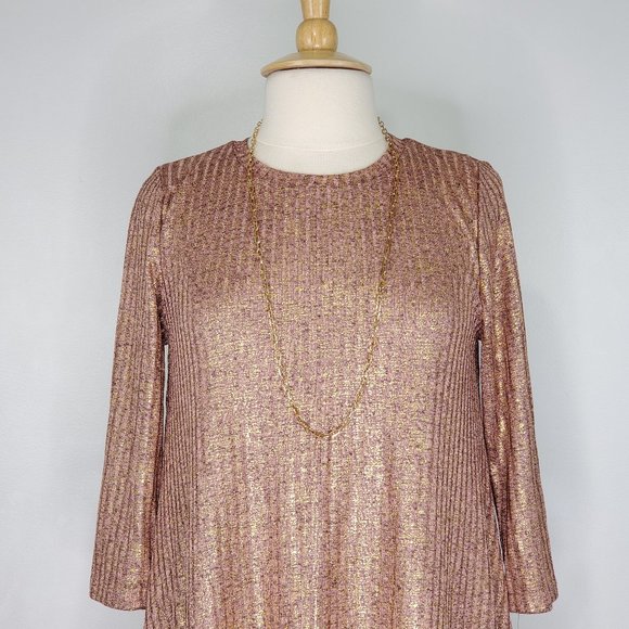 Ophelia Roe Pink Brown Shimmery Gold A-Line Pullover Dress NEW NWT Size M - Picture 2 of 13